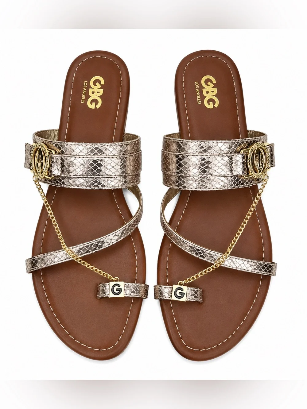 GBG Los Angeles Women’s Metallic Snake Print Chain Accent Slide Sandals. Size: 8